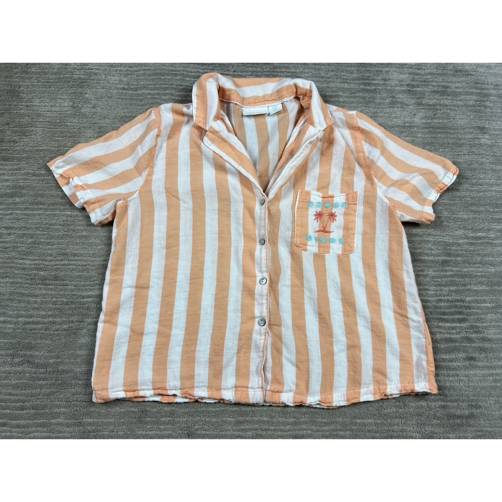 Cynthia Rowley Pajama Top Women M Orange White Striped Button Shortsleeve Cotton
